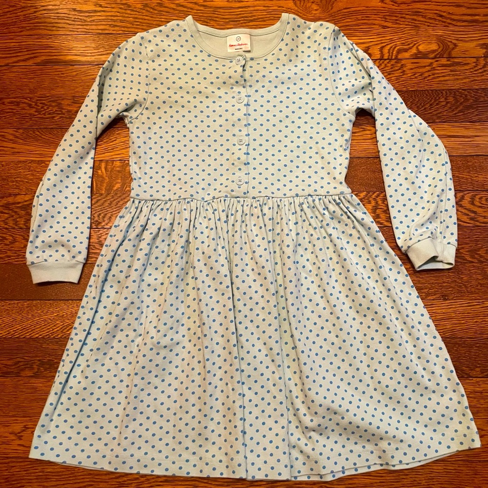 Hanna Andersson Long Sleeve Blue Polka Dot Cotton Twirl Play Dress Sz 140 cm 10